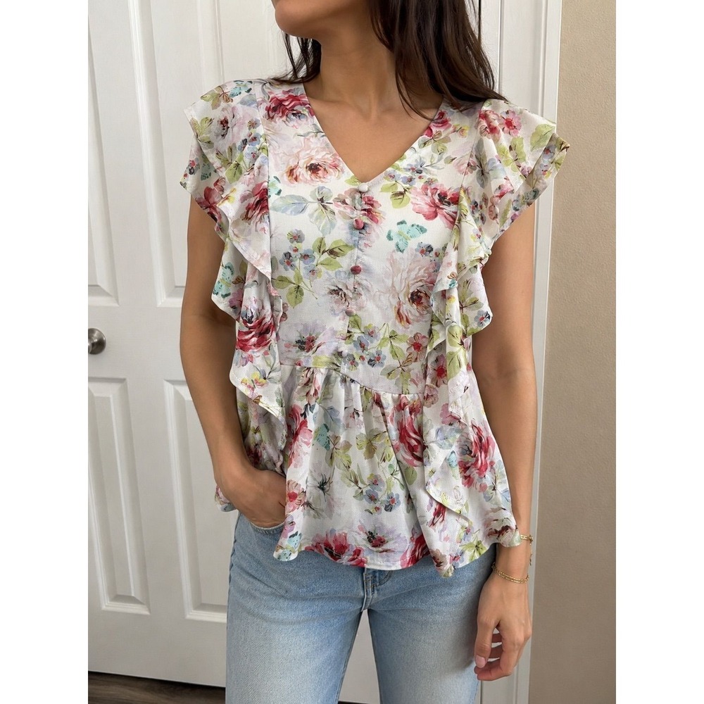 Floral Mesh Ruffle V-Neck Peplum Blouse Pink Red‎ Blue Botanical Button Front